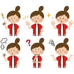 ハッピを着るポップな女性が6ポーズ