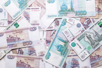 Russian ruble. Russian currency closeup in the form of texture.