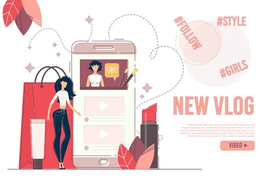 Landing Page Advertising New Beauty Fashion Vlog. Young Woman Subscribing on Popular Style Blogger in Social Media Network. Influencer marketing. Vlogger Promotion Services. Cosmetics Review - Powered by Adobe