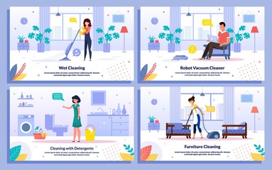 Fototapeta na wymiar Apartment Cleaning, House Cleanup Works Trendy Flat Vector Banners, Posters Set. Woman Mopping Room Floor, Vacuuming Furniture, Cleaning Bathroom, Man Resting While Robot Cleaning Carpet Illustration