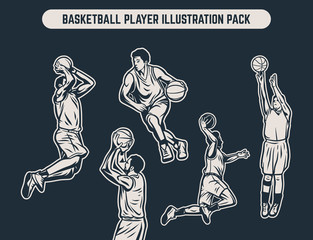 Vintage retro black and white illustration pack of basketball player
