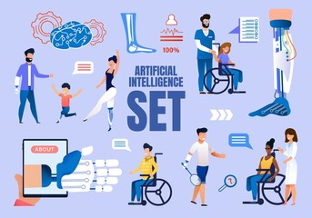Artificial Intelligence in Medicine Trendy Flat Vector Concepts Set. Injured Female, Male People, Handicapped Adults and Children with Limbs Amputations Using Modern Robotized Prosthesis Illustrations