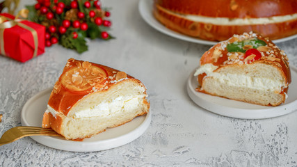 Roscon de reyes , desert eaten in Spain for celebrate Epiphany or Dia de Reyes Magos, Three Wise Men Day. Spanish Christmas tradition