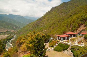 Landscape view of Khamsum Yulley Chorten garden, Punakha District, Bhutan