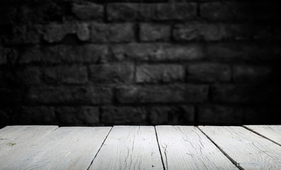 Old wood plank with abstract old brick wall background for product display