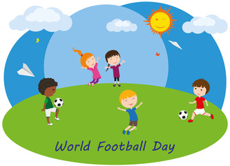 Obraz na płótnie Canvas Children are playing football. Girls and boys play ball on the lawn. World Football Day. Vector illustration.