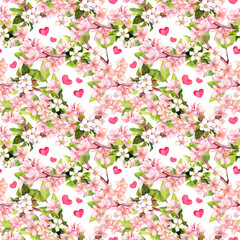 Cherry blossom, apple pink flowers, hearts. Floral repeating pattern for Valentine day or wedding. Watercolor
