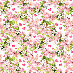 Cherry blossom, apple pink flowers, hearts. Floral repeating pattern for Valentine day or wedding. Watercolor