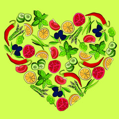  Vitamin heart made of vegetables and herbs. Stock illustration.