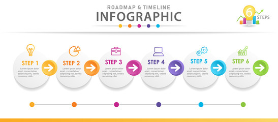 Infographic template for business. 6 Steps Modern Timeline diagram with circles, presentation vector infographic.