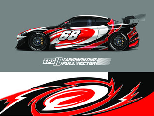 Fototapeta premium Racing car wrap design vector. Graphic abstract stripe racing background kit designs for wrap vehicle, race car, rally, adventure and livery. Full vector eps 10