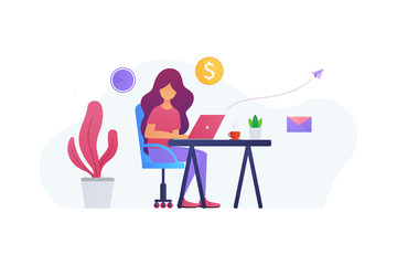 A girl sitting in a chair works on the laptop with coffee in front of her. Freelancer concept. Vector flat illustration