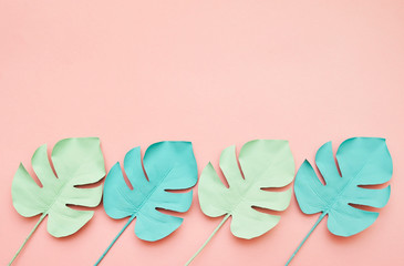 Monstera leaves on pink background.