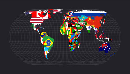 World Flag Map. Eckert IV projection. Map of the world with meridians on dark background. Vector illustration.