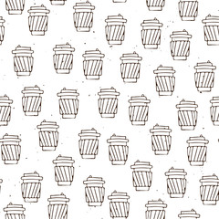 Vector hand draw coffee cup pattern. Coffe take away simple seamless pattern, paper coffee cups on white background, sketch textured background, coffee seamless pattern