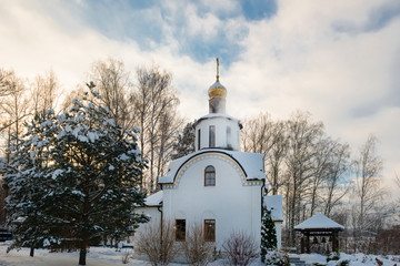 Winter view of the Chapel of St. Michael the Archangel   in the village of Uspenskoe. Moscow region, Odintsovo city district, Russia.