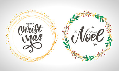 Merry Christmas card template with greetings in french language. Joyeux noel. Vector illustration EPS10