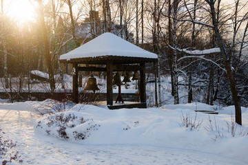 Bells in the bell tower at the Church of the Assumption of the Blessed Virgin Mary in the village of Uspenskoe. Moscow region, Odintsovo city district, Russia.