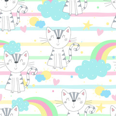 Cute hand drawn cats colorful seamless pattern background. vector illustration.