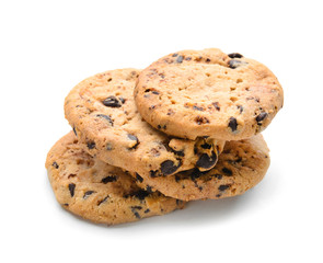 Tasty cookies with chocolate chips on white background