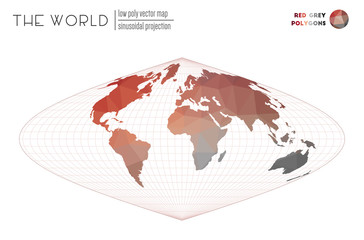 Low poly world map. Sinusoidal projection of the world. Red Grey colored polygons. Creative vector illustration.