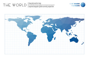 Vector map of the world. Equirectangular (plate carree) projection of the world. Blue Shades colored polygons. Contemporary vector illustration.