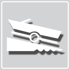 gray icon with white silhouette of a boat on a trailer