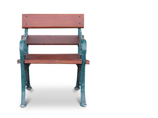 Front view Di cut antique brown wooden and green steel chair on white background, object background, copy space