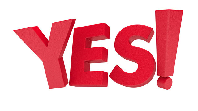 Red 3d YES text with exclamation mark on white