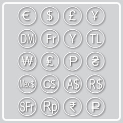 gray icon with white silhouettes of world currencies