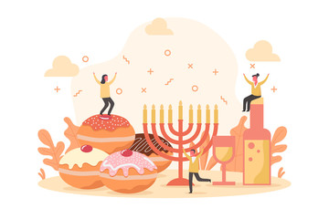 concept of Hanukkah holiday celebrate and decorate menorah with happy tiny people character, flat vector illustration for web, landing page, ui, banner, editorial, mobile app and flyer.