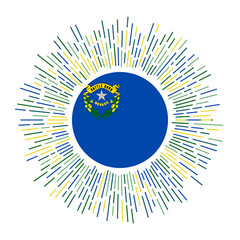 Nevada sign. US state flag with colorful rays. Radiant sunburst with Nevada flag. Vector illustration.