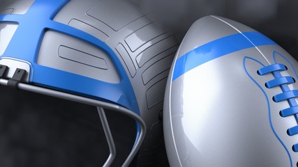 American football Silver-Blue helmet and Silver-Blue Ball with dark black toned foggy smoke under black-white laser lighting. 3D illustration. 3D high quality rendering.