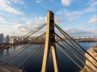 Aerial view of Pivnichnyi bridge (ex Moskovsky bridge) over Dnieper in Kyiv, Ukraine
