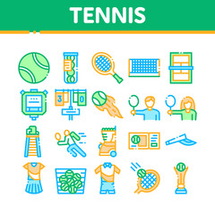 Tennis Game Equipment Collection Icons Set Vector Thin Line. Racket And Tennis Field, Cup And Tracksuit, Ball Basket And Player Concept Linear Pictograms. Color Contour Illustrations