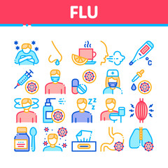 Flu Symptoms Medical Collection Icons Set Vector Thin Line. Chills And Fever, Cough And Runny Nose, Flu Virus In Lungs And Stomach Concept Linear Pictograms. Color Contour Illustrations