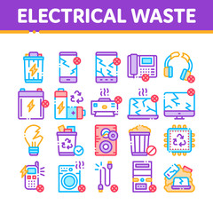 Electrical Waste Tools Collection Icons Set Vector Thin Line. Broken Electrical Cord And Battery, Phone And Earphones, Dynamic And Laptop Concept Linear Pictograms. Color Contour Illustrations