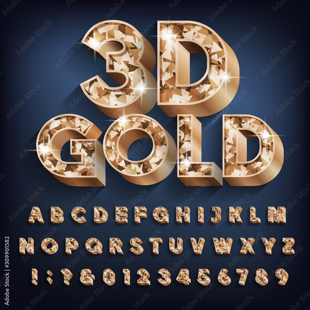 Fototapete 3d gold alphabet font. bold glitter letters, numbers and symbols with shadow. stock vector typescrip