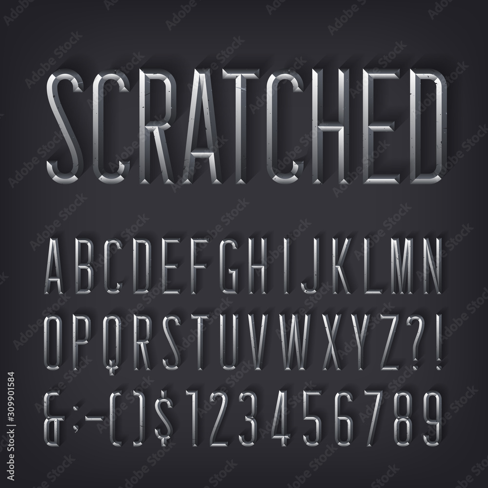 Poster scratched alphabet font. beveled metallic letters and numbers with shadow. stock vector typescript f