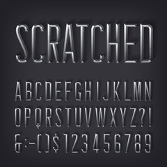 Obraz premium Scratched alphabet font. Beveled metallic letters and numbers with shadow. Stock vector typescript for your design.
