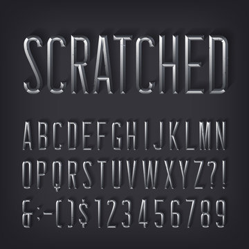 Scratched alphabet font. Beveled metallic letters and numbers with shadow. Stock vector typescript for your design.