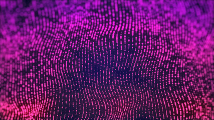 3d rendering, science fiction, glowing particles. Particles form line and surface grid, microcosm or space.