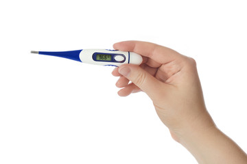 Hand with electronic thermometer 36,6
