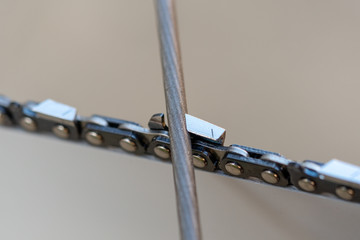 Chainsaw chain sharpenig with round file. Closeup macro view. Forestry or arborist concept.