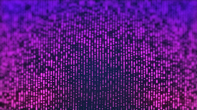 3d rendering, science fiction, glowing particles. Particles form line and surface grid, microcosm or space.