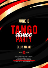 Vertical tango dance party template with black background, color graphic elements and text. 