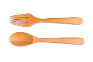 Wooden spoon and fork isolated on white background