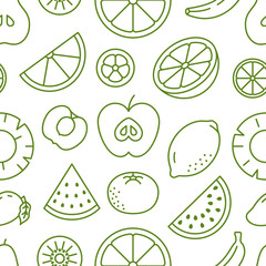 Fruit background, abstract food seamless pattern. Fresh fruits wallpaper with apple, banana, watermelon, lemon line icons. Vegetarian grocery vector illustration, green white color