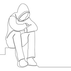 Continuous line drawing sad man alone concept © tiverets