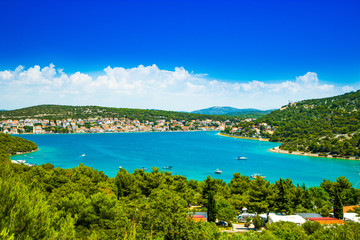Beautiful Croatian coast, Murter island archipelago and town of Tisno, Dalmatia Croatia